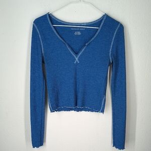 American Eagle AEO Blue Thermal Cropped Long Sleeve Top Size XSmall